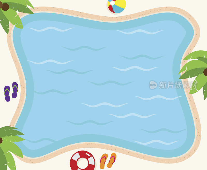 池背景在矢量格式与棕榈树，Flip Flops和球